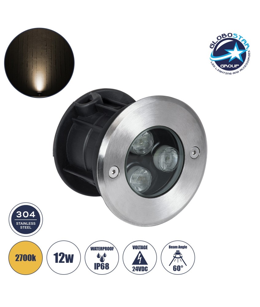 GloboStar® UNDERGROUND-FANI S-90979 Χωνευτό Φωτιστικό Σποτ Δαπέδου LED 12W 1080lm 60° DC 24V Αδιάβροχο IP68 Φ10 x Υ7.5cm Θερμό Λευκό 2700K - Ανοξείδωτο Ατσάλι